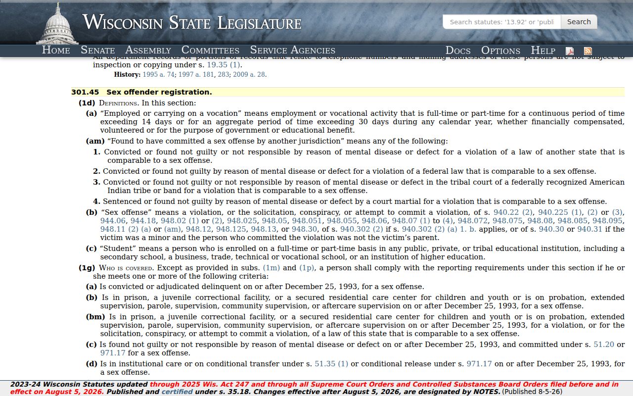Chippewa County sex offender registration Wisconsin statute
